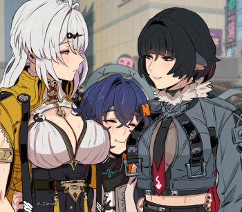 3girls absurdres animal_ears armlet belle_(zenless_zone_zero) between_breasts black_hair black_nails black_necktie black_shirt black_shorts black_unitard blue_eyes blue_hair blurry blurry_background blush breasts cleavage closed_eyes closed_mouth commentary crossed_bangs english_commentary fur-trimmed_jacket fur_trim game_screenshot_background girl_sandwich grey_jacket hair_between_eyes hair_intakes hair_ornament hairpin hand_on_another's_waist head_between_breasts high-waist_shorts highres jacket jane_doe_(zenless_zone_zero) jewelry large_breasts letter_hair_ornament long_hair long_tail looking_at_another mouse_ears mouse_girl mouse_tail multicolored_hair multiple_girls navel necktie notched_ear parted_lips red_hair red_necktie sandwiched screenshot_background shirt shorts smile sweat tail twitter_username two-tone_necktie white_hair yellow_eyes yellow_jacket yin_yang_pin yixuan_(zenless_zone_zero) yuri zanqi zenless_zone_zero