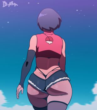 1girl alternate_costume animated animated_gif asian ass ass_focus bare_shoulders black_gloves black_hair black_panties black_thighhighs blue_background boruto:_naruto_next_generations bouncing_ass bouncing_hair butt_crack cloud cloudy_sky crop_top curvy d-art elbow_gloves faceless faceless_female female_focus from_behind g-string gloves highres huge_ass jiggle looping_animation micro_shorts naruto_(classic) naruto_(series) night night_sky panties red_shirt revealing_clothes shirt short_shorts shorts sky sleeveless sleeveless_shirt solo star_(sky) swing swinging thick_thighs thighhighs thighs thong tight_clothes uchiha_sarada uchiha_symbol underwear walking wedgie whale_tail_(clothing) wide_hips