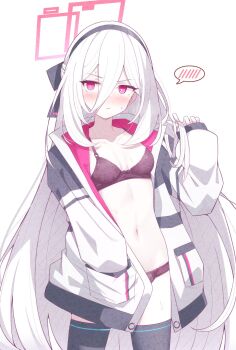 1girl :/ averting_eyes black_bra black_hairband black_panties black_thighhighs blue_archive blush bra breasts collarbone hair_between_eyes hairband halo hand_in_pocket hands_in_pocket highres holding holding_own_hair jacket karikura_(atatata71) kei_(blue_archive) kei_(new_body)_(blue_archive) long_hair long_hair_between_eyes long_sleeves navel open_clothes open_jacket panties partially_undressed petite pink_halo rectangular_halo red_eyes ringed_eyes shy simple_background small_breasts solo spoken_blush sweat sweatdrop thighhighs underwear very_long_hair white_background white_hair