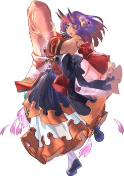 1girl breasts brown_eyes full_body game_asset horns huge_breasts japanese_clothes kimono kyonyuu_fantasy_burst official_art oni purple_hair sandals third-party_source