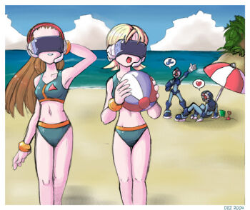 00s 2004 2girls ball beach beachball bikini capcom dated day etienne_desilets-trempe glasses head-mounted_display heart joan_(mega_man) mega_man_(series) mega_man_zero_(series) multiple_girls outdoors pantheon rouge_(mega_man) spoken_heart swimsuit