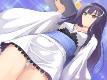 Rule 34 | 00s, 1girl, drink, fault!!, female focus, kamiwazumi maya, long hair, pants, purple eyes, purple hair, simple background, smile, solo, tony taka, underwear, very long hair