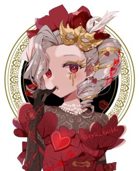 1girl :o black_gloves dress drill_hair drill_ponytail eric_knikki eye_mask facial_mark feather_hair_ornament feathers finger_to_mouth flower gloves grey_hair hair_ornament hair_pulled_back identity_v jewelry light_blush looking_at_viewer martha_behamfil martha_behamfil_(aphrodite&#039;s_kiss) mask necklace official_alternate_costume pearl_necklace red_dress red_eyes red_flower red_lips red_rose red_theme rose single_hair_intake solo twitter_username unworn_mask upper_body