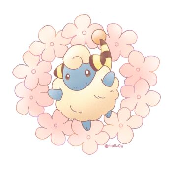animal_focus black_eyes bright_pupils closed_mouth commentary_request flower full_body gen_2_pokemon highres mareep nintendo no_humans nostrils pink_flower pokemon pokemon_(creature) rio_(rio0v0o) simple_background solo twitter_username white_background white_pupils
