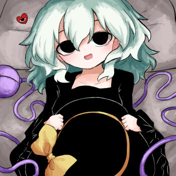 1girl :d black_eyes black_shirt bow clenched_hands commentary_request dot_nose frilled_sleeves frills green_hair hair_between_eyes hat hat_bow heart heripantomorrow holding holding_unworn_clothes holding_unworn_hat komeiji_koishi lying medium_hair on_back on_bed open_mouth pillow raised_eyebrows shirt smile solo third_eye touhou unworn_hat unworn_headwear upper_body yellow_bow