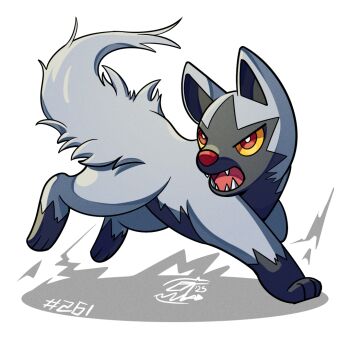 Rule 34 | colored sclera, gen 3 pokemon, grey fur, looking to the side, mistray-art, nintendo, no humans, numbered, open mouth, pokemon, pokemon (creature), poochyena, red eyes, red sclera, signature, simple background, solo, tail, two-tone fur, white background