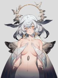 1girl absurdres arms_at_sides arthropod_girl breasts breasts_apart bug collarbone commentary groin hair_between_eyes hair_ornament halo highres insect insect_girl insect_wings large_breasts long_hair looking_at_viewer moth moth_antennae moth_girl moth_wings navel nay_akane orange_eyes original out-of-frame_censoring parted_lips pom_pom_(clothes) pom_pom_hair_ornament revealing_clothes silver_hair solo stomach twintails upper_body white_background wings
