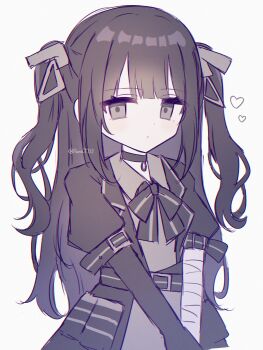 Rule 34 | 1girl, absurdres, alternate hairstyle, black choker, black hair, black jacket, black ribbon, blunt bangs, choker, closed mouth, commentary request, dress, expressionless, grey dress, grey eyes, highres, jacket, kurobe nanoka, long hair, looking at viewer, mahou shoujo no majo saiban, neck ribbon, no headwear, ribbon, runa (runa7733), simple background, solo, two side up, upper body, white background