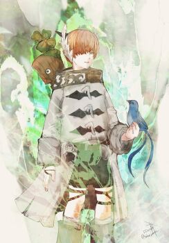 1boy a-ruhn-senna animal animal_on_hand bird bird_on_hand black_horns black_shorts blue_bird coat commentary copyright_name feet_out_of_frame final_fantasy final_fantasy_xiv green_eyes hair_over_one_eye horns kneehighs long_sleeves male_focus meteion padjal red_hair ruka_(blueplus84) short_hair shorts socks standing twitter_username white_coat white_socks