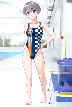 1girl absurdres barefoot bench blue_eyes blue_one-piece_swimsuit breasts checkered_clothes commentary_request competition_swimsuit full_body gradient_swimsuit grey_hair grin hand_on_own_hip highleg highleg_one-piece_swimsuit highres indoors medium_breasts multicolored_swimsuit one-piece_swimsuit original poolside race_queen short_hair smile solo swimsuit takafumi variant_set