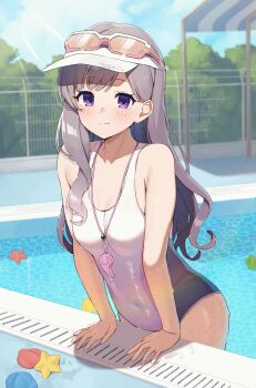 1girl absurdres bare_arms blue_sky blush breasts cleavage closed_mouth cloud cloudy_sky commentary_request competition_swimsuit covered_navel fence highres idolmaster idolmaster_shiny_colors iron_fence long_hair looking_at_viewer medium_breasts one-piece_swimsuit poolside purple_eyes sky smile solo swimsuit visor_cap wanitaroo._(waniwani_panic) water wet whistle whistle_around_neck white-framed_eyewear white_one-piece_swimsuit yukoku_kiriko