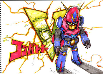 Rule 34 | 1boy, aoi hyouma, armor, blue armor, character name, choudenji robo combattler v, combattler v (robot), commentary request, copyright name, deformed, electricity, floating hair, frown, highres, looking at viewer, male focus, mecha, mecha focus, mickey tse, multicolored armor, radio antenna, red armor, robot, short hair, super robot, super robot wars