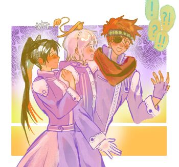 ! !! !? 1girl 2boys ? allen_walker belt black_order_uniform blush border clenched_hand closed_eyes coat collared_jacket creature creature_on_head cross d.gray-man earrings eyepatch facing_ahead facing_another facing_to_the_side fingerless_gloves frilled_skirt frills front_zipper gloves golem_(d.gray-man) gradient_background green_hair green_headband hand_up hashtag-only_commentary headband highres hood hood_down hooded_coat hoop_earrings jacket jewelry kypkywa lavi lenalee_lee long_hair long_sleeves looking_at_another messy_hair miniskirt multiple_boys one_eye_covered open_mouth orange_background orange_hair outside_border parted_lips profile purple_background purple_belt purple_coat purple_gloves purple_jacket purple_skirt red_scarf scarf short_hair sidelocks single_glove skirt smile speech_bubble star_(symbol) star_symbol_background striped_belt striped_clothes striped_coat striped_headband striped_jacket stud_earrings tail thought_bubble timcanpy twintails vertical-striped_clothes vertical-striped_coat vertical-striped_jacket white_border white_gloves white_hair wings yellow_background zipper