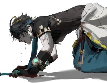 Rule 34 | 1boy, api (ppi 52), aqua headband, black hair, bleeding, blood, blood from mouth, blood on hands, from side, genshin impact, headband, highres, kinich (genshin impact), male focus, nosebleed, short hair, simple background, solo, spiked ear piercing, white background