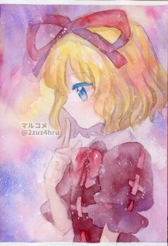 Rule 34 | 1girl, 2zuz4hru, black shirt, blonde hair, blue eyes, hair between eyes, hair ribbon, hand up, highres, medicine melancholy, medium hair, neck ribbon, painting (medium), puffy short sleeves, puffy sleeves, red ribbon, ribbon, ribbon trim, shirt, short sleeves, solo, su-san, touhou, traditional media, twitter username, upper body, watercolor (medium)