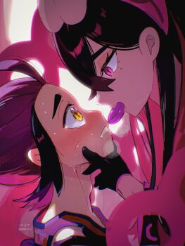 1boy 1girl artist_name black_gloves black_hair blush brother_and_sister carmine_(pokemon) carmine_(sygna_suit)_(pokemon) commentary_request eyelashes food food_in_mouth from_side gloves grabbing_another's_chin hand_on_another's_chin highres incest kieran_(pokemon) long_hair looking_at_another mind_control mochi mole mole_under_eye multicolored_hair nintendo official_alternate_costume pink_eyes pink_hair pokemon pokemon_masters_ex purple_hair shiro_(46isou) siblings two-tone_hair upper_body yellow_eyes