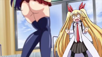 2girls animal_ears animated animated_gif anime_screenshot ass blonde_hair blush bouncing_breasts breasts covered_erect_nipples drugged drugs flat_chest gigantic_breasts highres hip_focus hizuki_ayana hoods_entertainment huge_ass kagaku_na_yatsura kuze_airi lab_coat legs miniskirt multiple_girls necktie nipples no_bra no_panties nozaki_masaya purple_hair school_uniform skirt tail tears thick_thighs thighhighs thighs trembling wide_hips