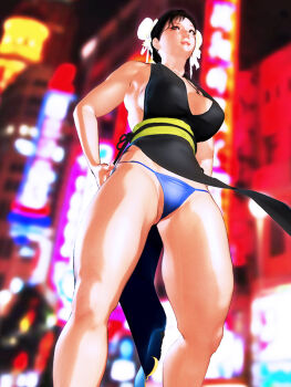 1girl black_dress black_hair blue_panties breasts brown_eyes bun_cover capcom china_dress chinese_clothes chun-li cleavage double_bun dress from_below hair_bun hand_on_own_hip jewelry kill_the_king large_breasts lips no_bra panties pelvic_curtain sash sideboob sleeveless solo standing street_fighter thick_thighs thighs underwear