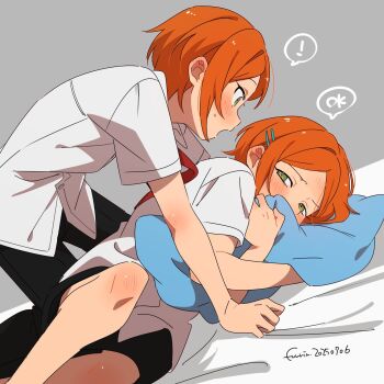 ! 2boys 2wink_(ensemble_stars!) aoi_hinata aoi_yuta black_pants blush boy_on_top brothers dutch_angle embarrassed ensemble_stars! fuurin_(sior_fr) green_eyes grey_background hair_ornament hairclip highres hugging_object incest looking_at_another male_focus multiple_boys necktie on_bed orange_hair pants parallel_hairclips parted_bangs pillow pillow_hug red_necktie shirt short_hair short_shorts short_sleeves shorts siblings simple_background spoken_exclamation_mark twincest twins white_shirt yaoi