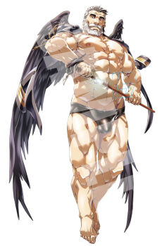 1boy abs bara black_male_swimwear black_wings bulge character_request covered_penis full_body grey_hair jacket jacket_on_shoulders large_pectorals looking_at_viewer male_focus male_swimwear mature_male multicolored_hair muscular muscular_male navel nipples old old_man pectorals sheath short_hair solo streaked_hair strongman_waist swim_briefs thick_eyebrows tokyo_houkago_summoners toratora_(toratorayatora) unsheathing watermark wings wrinkled_skin