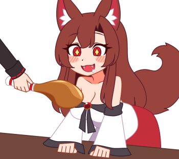+_+ 1girl 1other :3 animal_ear_fluff animal_ears animated animated_gif asymmetrical_bangs black_sleeves black_trim blush bouncing_breasts breasts brooch brown_hair chicken_(food) chicken_leg cleavage clenched_hands collarbone disembodied_hand dress drooling ear_wiggle fangs feral_instincts food hands_on_table holding holding_food imaizumi_kagerou jewelry large_breasts leaning_forward long_hair long_sleeves off-shoulder_dress off_shoulder open_mouth red_dress red_eyes red_ribbon ribbon ribbon-trimmed_sleeves ribbon_trim shinoda404 simple_background smile table tail tail_wagging touhou two-tone_dress white_background white_dress wide_sleeves wolf_ears wolf_girl wolf_tail