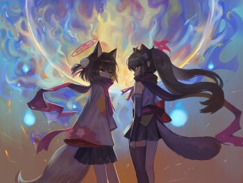 2girls animal_ears blue_archive commentary_request dokomon fox_ears fox_tail halo highres izuna_(blue_archive) korean_commentary long_hair michiru_(blue_archive) multiple_girls ninja pink_halo raccoon_ears raccoon_girl raccoon_tail scarf skirt tail