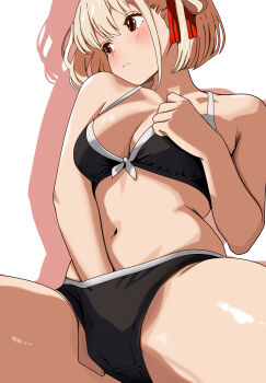 1girl absurdres bikini black_bikini blonde_hair blush breasts cleavage closed_mouth female_masturbation hair_ribbon highres looking_to_the_side lycoris_recoil masturbation masturbation_under_clothes medium_breasts navel nishikigi_chisato red_eyes red_ribbon ribbon simple_background solo stomach swimsuit tetsuado thighs white_background