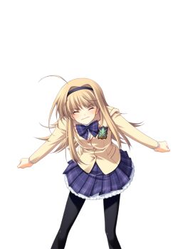 1girl ahoge angry black_hairband black_pantyhose blazer blonde_hair blush bow bowtie breasts brown_jacket chaos;head closed_eyes dress_shirt game_cg hairband jacket lapels leaning_forward matsuo_yukihiro miniskirt nishijou_nanami non-web_source notched_lapels official_art outstretched_arms pantyhose petticoat plaid_bow plaid_bowtie plaid_clothes plaid_skirt purple_bow purple_bowtie purple_skirt red_trim school_uniform science_adventure shirt skirt small_breasts solo sprite suimei_academy_school_uniform swept_bangs transparent_background white_shirt winter_uniform