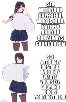 ass ayano_aishi big_breasts breasts cheating_(relationship) closed_eyes different_poses disgust drake_meme facepalm gigantic_breasts gigantic_thighs huge_ass huge_breasts koikatsu_(medium) looking_at_viewer meme meme_pose meme_reference netorare school_uniform smile smile_at_viewer thick_thighs thighs ugly_bastard unfaithful yandere_simulator