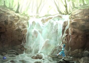 1girl absurdres alternate_color blue_eyes blue_hair blue_pants bright_pupils collared_shirt commentary_request dewpider fishing_rod flip-flops full_body gen_1_pokemon gen_7_pokemon hairband hand_on_own_head highres lana_(pokemon) nintendo no_sclera on_rock open_mouth outdoors pants pokemon pokemon_(creature) pokemon_sm poliwag rock sandals scenery shiny_pokemon shirt short_hair sleeveless sleeveless_shirt smile tree user_nujc2287 water waterfall white_pupils white_shirt yellow_hairband