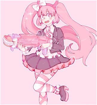 1girl black_footwear black_jacket blush bow child collared_shirt danganronpa_(series) danganronpa_another_episode:_ultra_despair_girls dentures ears evilstep fake_horns frilled_skirt frills gun hairband headband holding holding_weapon horned_headwear horns jacket long_hair long_sleeved_jacket long_sleeves looking_at_viewer matching_hair/eyes one_leg_raised open_mouth pink_background pink_eyes pink_footwear pink_hair pink_hairband pink_headband pink_headwear pink_horns pink_thighhighs polka_dot polka_dot_bow rifle shirt simple_background skirt striped_clothes striped_thighhighs teeth thighhighs tongue twintails upper_teeth_only utsugi_kotoko weapon white_shirt white_thighhighs