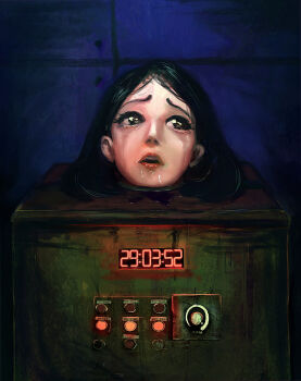 1girl bdsm bondage bound box female_focus highres ikelag in_box in_container indoors machine opm solo tears