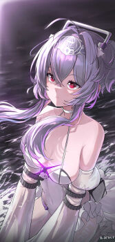 Rule 34 | 1girl, ahoge, armpit crease, breasts, bright pupils, closed mouth, commentary request, crossed bangs, detached sleeves, goddess of victory: nikke, hair between eyes, hairband, halterneck, headgear, highres, leotard, liberalio (nikke), long sleeves, looking up, medium breasts, mild pitch, outdoors, sagging breasts, seiza, short hair with long locks, sitting, solo, water, white hairband, white leotard, white pupils