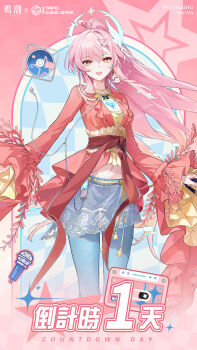 1girl aemeath_(wuthering_waves) blue_pants breasts cleavage countdown_illustration crop_top earphones flower hair_flower hair_ornament highres jacket long_hair long_sleeves looking_at_viewer medium_breasts midriff navel official_alternate_costume official_art open_mouth orange_eyes pants pink_hair ponytail red_jacket see-through_clothes see-through_skirt shirt skirt smile solo star-shaped_pupils star_(symbol) symbol-shaped_pupils tacet_mark_(wuthering_waves) white_skirt wuthering_waves yellow_shirt