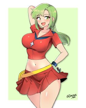 1girl :d alternate_costume arm_behind_head breasts cosplay cowboy_shot crop_top cross cross_necklace fire_emblem fire_emblem:_the_sacred_stones gloves green_eyes green_hair highres jarckius jewelry large_breasts may_(pokemon) may_(pokemon)_(cosplay) midriff miniskirt navel necklace nintendo open_mouth pokemon pokemon_rse red_skirt skirt smile solo vanessa_(fire_emblem)