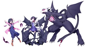 1girl bat_(animal) black_hair black_sclera blue_skirt boots breasts claws coat colored_sclera commentary_request detached_sleeves dress evolution full_body highres long_hair looking_at_viewer low_wings monster multiple_tails multiple_views original pink_coat pink_dress pink_eyes rtsusk09 simple_background skirt small_breasts snake_head_tail tail white_background wings