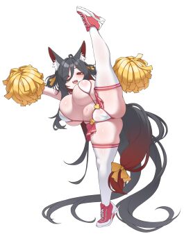 1girl absurdly_long_hair absurdres animal_ear_fluff animal_ears anus anus_peek black_hair bow breasts cameltoe cheerleader elomil fat_mons full_body gluteal_fold hair_between_eyes half-closed_eyes highres large_breasts long_hair looking_at_viewer microskirt mole mole_under_eye navel oppai_loli original pom_pom_(cheerleading) red_eyes red_shoes red_skirt sharp_teeth shoes shortstack showgirl_skirt simple_background skirt slingshot_swimsuit solo split standing standing_on_one_leg standing_split swimsuit tail tail_bow tail_ornament teeth thick_thighs thighhighs thighs very_long_hair white_background white_slingshot_swimsuit white_thighhighs yellow_bow