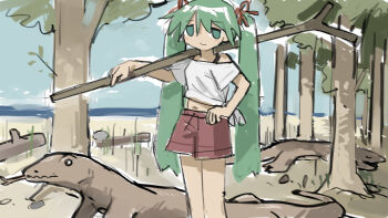 1girl alternate_costume animal aqua_eyes aqua_hair blush cowboy_shot hand_on_own_hip hatsune_miku highres holding komodo_dragon log long_hair looking_at_viewer navel outdoors red_ribbon red_shorts ribbon shirt shorts smile stick t-shirt tree tsukumizu_yuu twintails very_long_hair vocaloid worldwide_miku
