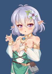 1girl animated arm_guards bag blush breasts bridal_gauntlets collarbone detached_collar female_focus flower hair_flower hair_between_eyes hair_ornament handbag kokkoro_(princess_connect!) lactation loli looking_at_viewer milking nipples no_bra open_mouth pointy_ears princess_connect! purple_eyes quiver rokumaro silver_hair small_breasts suction_cups tagme video