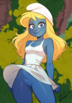 Rule 34 | 1girl, blonde hair, blue eyes, blue skin, blurry, blurry background, bottomless, breasts, bush, closed mouth, colored skin, commentary, forest, gluteal fold, hat, highres, lips, long hair, looking at viewer, nature, no panties, pussy, signature, small breasts, smile, smurfette, solo, the smurfs, white hat, zoobastik