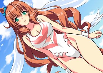 1girl angel_leotard animal_ears bare_shoulders blush bow breasts brown_hair cleavage closed_mouth cloud collarbone commentary_request ear_bow green_eyes hair_between_eyes highleg highres horse_ears horse_girl horse_tail large_breasts leotard long_hair looking_at_viewer maruzensky_(umamusume) sky smile solo tail umamusume yuuyuu_(3jjbn)