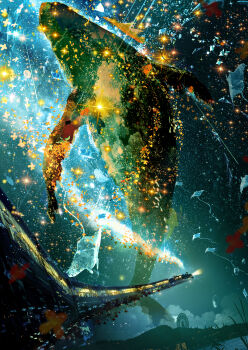 absurdres broken_glass dispersion_(optics) falling_flower fantasy ferris_wheel fish flower flying_train flying_whale glass gold_osmanthus highres humpback_whale jack_(fish) makoron117117 manta_ray nebula night orange_flower original osmanthus scenery school_of_fish sky star_(sky) starry_sky train water_world whale yellow_flower