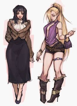 2girls alternate_costume arm_behind_back armlet bag bangle bare_shoulders belt black_hair black_shoes black_shorts black_skirt blunt_bangs boots bracelet breasts brown_jacket choker closed_mouth fingernails full_body fur-trimmed_boots fur_trim hair_over_one_eye half-closed_eyes high_heel_boots high_heels highres hime_cut holding holding_bag hyuuga_hinata jacket jewelry long_fingernails long_hair long_skirt loose_belt medium_breasts midriff multiple_girls naruto_(series) off-shoulder_jacket off_shoulder plunging_neckline ponytail purple_choker purple_shirt ribbed_sweater shirt shoes short_shorts shorts skirt smile sweater thigh_strap turtleneck turtleneck_sweater virtuno white_background white_sweater yamanaka_ino