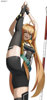 1girl absurdres ahoge artist_name belt bike_shorts black_shorts black_thighhighs breasts commentary_request eiyuu_densetsu estelle_bright highres long_hair nanaya777 no_shoes open_mouth orange_eyes orange_hair sen_no_kiseki sen_no_kiseki_(series) sen_no_kiseki_iv shorts simple_background skindentation small_breasts smile solo split staff standing standing_on_one_leg standing_split stirrup_legwear thighhighs toeless_legwear twintails very_long_hair white_background
