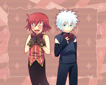 Rule 34 | 2boys, assassin (ragnarok online), black gloves, black pants, blush, brown background, brown gloves, chocolate, closed eyes, closed mouth, commentary request, cowboy shot, dated commentary, elbow gloves, fingerless gloves, gloves, green eyes, grey pants, grey shirt, looking at viewer, male focus, multiple boys, oomojiya, open mouth, pants, ragnarok online, red hair, red shirt, shirt, short hair, sleeveless, sleeveless shirt, smile, valentine, white hair, wizard (ragnarok online), yaoi