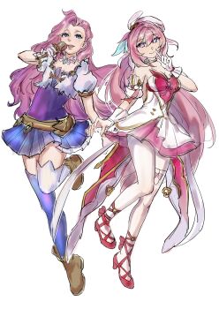 2girls absurdres bare_shoulders beret blue_dress blue_eyes blue_thighhighs breasts chinese_commentary cleavage color_connection commentary_request diamond-shaped_pupils diamond_(shape) dress elysia_(hi_love_elf)_(honkai_impact) elysia_(honkai_impact) gloves hair_color_connection hat high_heels highres holding holding_microphone honkai_(series) honkai_impact_3rd large_breasts league_of_legends long_hair microphone multicolored_dress multicolored_hair multiple_girls pink_dress pink_hair purple_eyes qing_lan_se_liuxing red_dress seraphine_(league_of_legends) symbol-shaped_pupils thighhighs thighs two-tone_hair very_long_hair white_dress white_gloves white_hair white_thighhighs