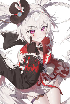 1girl black_gloves black_hat breasts capelet chyanu commentary dress facial_mark gloves hat heart heart_facial_mark highres honkai:_star_rail honkai_(series) long_hair looking_at_viewer purple_eyes red_capelet simple_background small_breasts solo sparkle_(honkai:_star_rail) sparxie_(honkai:_star_rail) top_hat very_long_hair white_background white_dress white_hair