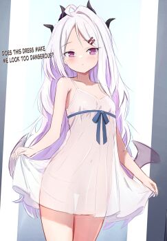1girl absurdres ahoge blue_archive blush breasts commentary_request demon_girl demon_horns demon_wings flygombal highres hina_(blue_archive) horns long_hair looking_at_viewer low_wings navel purple_eyes small_breasts solo standing very_long_hair white_hair wings