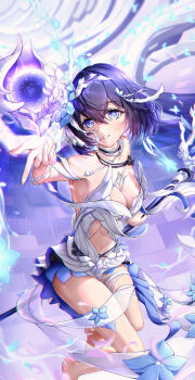 1girl absurdres bandaged_arm bandaged_leg bandages barefoot blue_eyes blue_hair breasts chest_tattoo cleavage commentary_request dress feet flower hair_flower hair_ornament highres holding holding_scythe honkai_(series) honkai_impact_3rd large_breasts looking_at_viewer norimori revealing_clothes scythe seele_vollerei seele_vollerei_(herrscher_of_rebirth) short_hair smile solo tattoo thighs white_dress