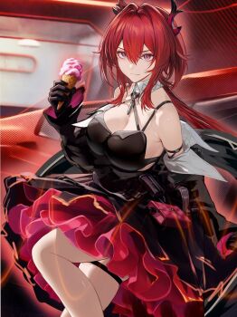 Rule 34 | 1girl, arknights, arknights: endfield, bare shoulders, black dress, black gloves, breasts, cleavage, commentary request, demon girl, demon horns, dress, food, gloves, highres, holding, holding food, holding ice cream, horns, ice cream, laevatain (arknights), looking at viewer, purple eyes, red hair, saint laurent paris, short hair, sidelocks, sleeves rolled up, slit pupils, solo, surtr (arknights), thigh strap